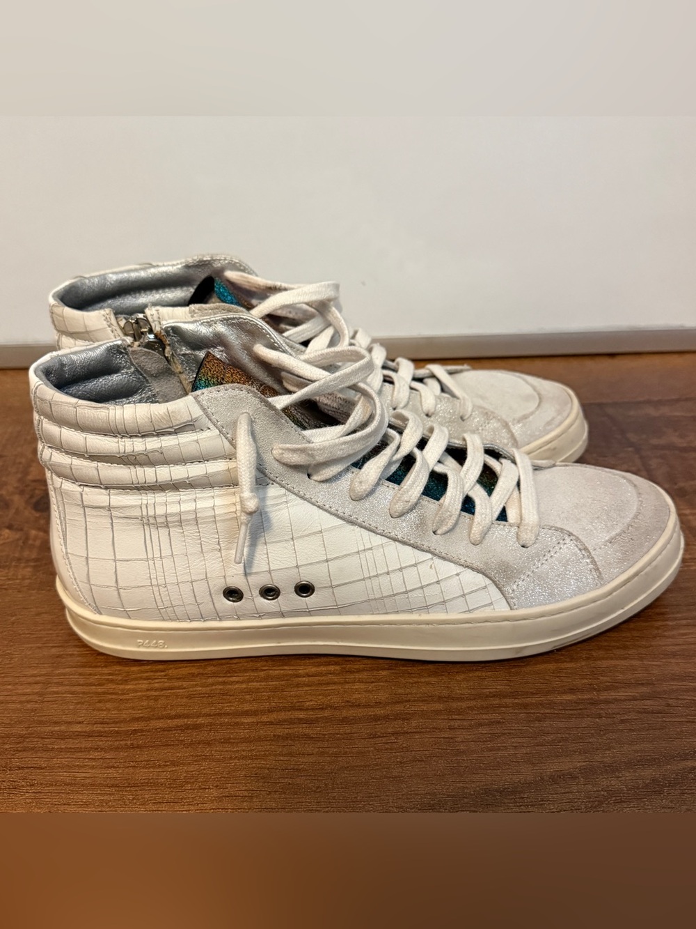 P448 High Top Sneakers White Glitter Rainbow Zip Women’s 38 Leather